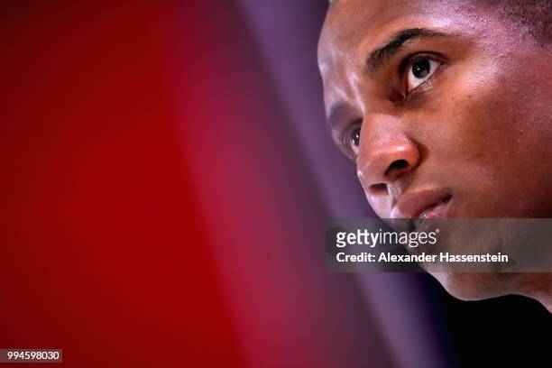 Ashley Young of Englans speaks to the media during an England press conference at Repino Cronwell Park Hotel on July 9, 2018 in Saint Petersburg,...
