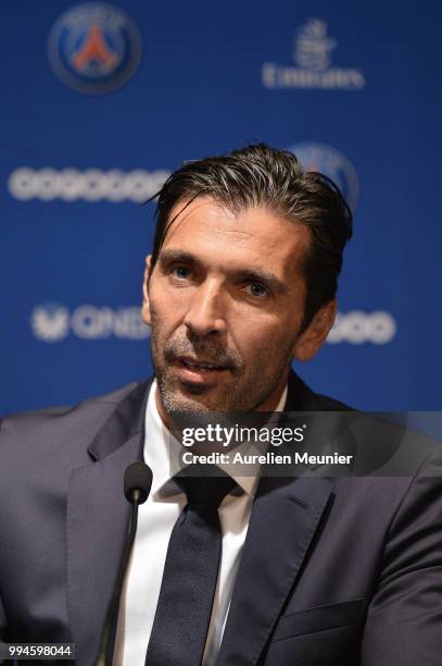 Gianluigi Buffon addresses the press during a press conference after signing with the Paris Saint-Germain Football Club at Parc des Princes on July...