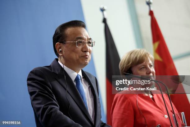 German Chancellor Angela Merkel and Chinese Premier Li Keqiang speak to the media following Germany-China government consultations on July 9, 2018 in...