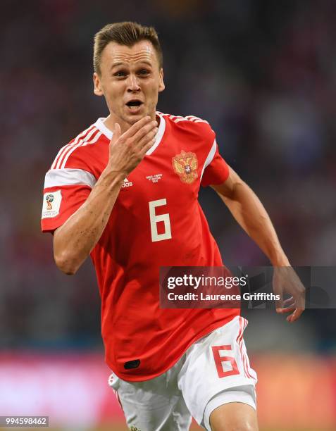 Denis Cheryshev of Russia celebrates scoring during the 2018 FIFA World Cup Russia Quarter Final match between Russia and Croatia at Fisht Stadium on...