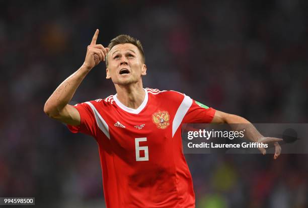 Denis Cheryshev of Russia celebrates scoring during the 2018 FIFA World Cup Russia Quarter Final match between Russia and Croatia at Fisht Stadium on...