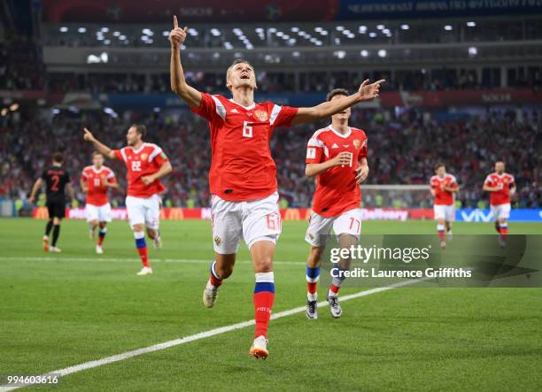 Denis Cheryshev of Russia celebrates scoring during the 2018 FIFA World Cup Russia Quarter Final match between Russia and Croatia at Fisht Stadium on...