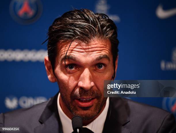 Paris Saint Germain's new goalkeeper Gianluigi Buffon speaks during his official presentation press conference at Parc des Princes stadium in Paris,...