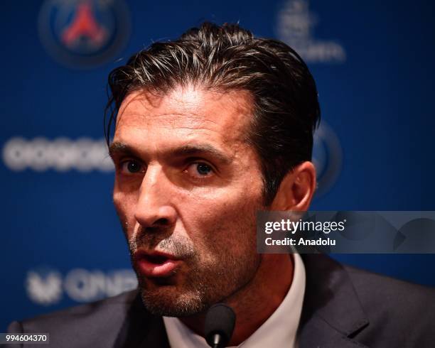 Paris Saint Germain's new goalkeeper Gianluigi Buffon speaks during his official presentation press conference at Parc des Princes stadium in Paris,...