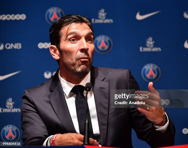 Paris Saint Germain's new goalkeeper Gianluigi Buffon speaks during his official presentation press conference at Parc des Princes stadium in Paris,...