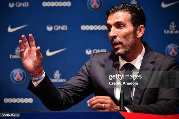 Paris Saint Germain's new goalkeeper Gianluigi Buffon speaks during his official presentation press conference at Parc des Princes stadium in Paris,...