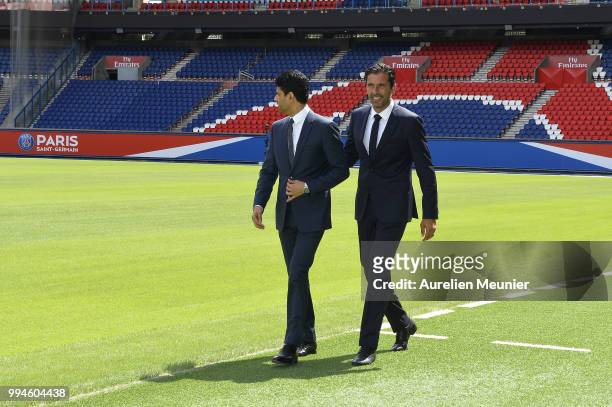 Gianluigi Buffon and Paris Saint-Germain President Nasser Al Khelaifi arrive for a press presentation after signing with the Paris Saint-Germain...