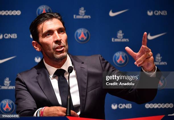 Paris Saint Germain's new goalkeeper Gianluigi Buffon speaks during his official presentation press conference at Parc des Princes stadium in Paris,...