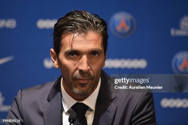 Gianluigi Buffon addresses the press during a press conference after signing with the Paris Saint-Germain Football Club at Parc des Princes on July...