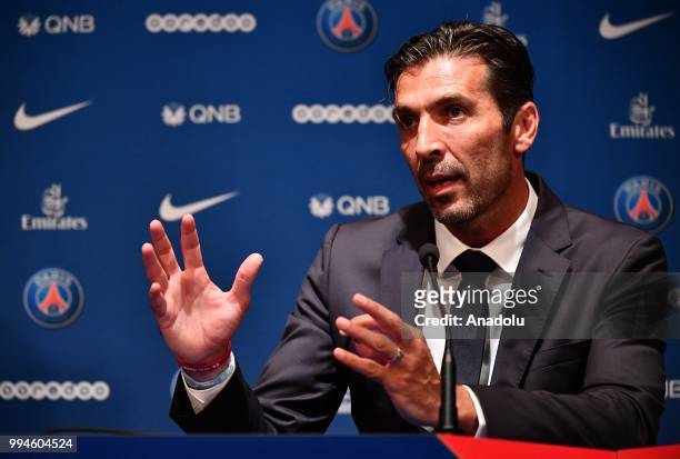 Paris Saint Germain's new goalkeeper Gianluigi Buffon speaks during his official presentation press conference at Parc des Princes stadium in Paris,...