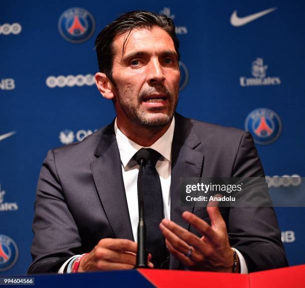 Paris Saint Germain's new goalkeeper Gianluigi Buffon speaks during his official presentation press conference at Parc des Princes stadium in Paris,...