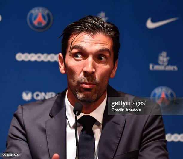 Paris Saint Germain's new goalkeeper Gianluigi Buffon speaks during his official presentation press conference at Parc des Princes stadium in Paris,...