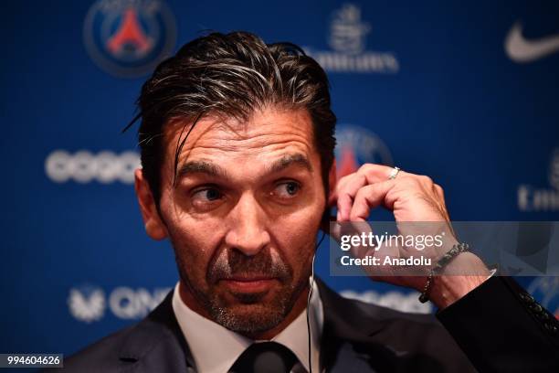 Paris Saint Germain's new goalkeeper Gianluigi Buffon speaks during his official presentation press conference at Parc des Princes stadium in Paris,...