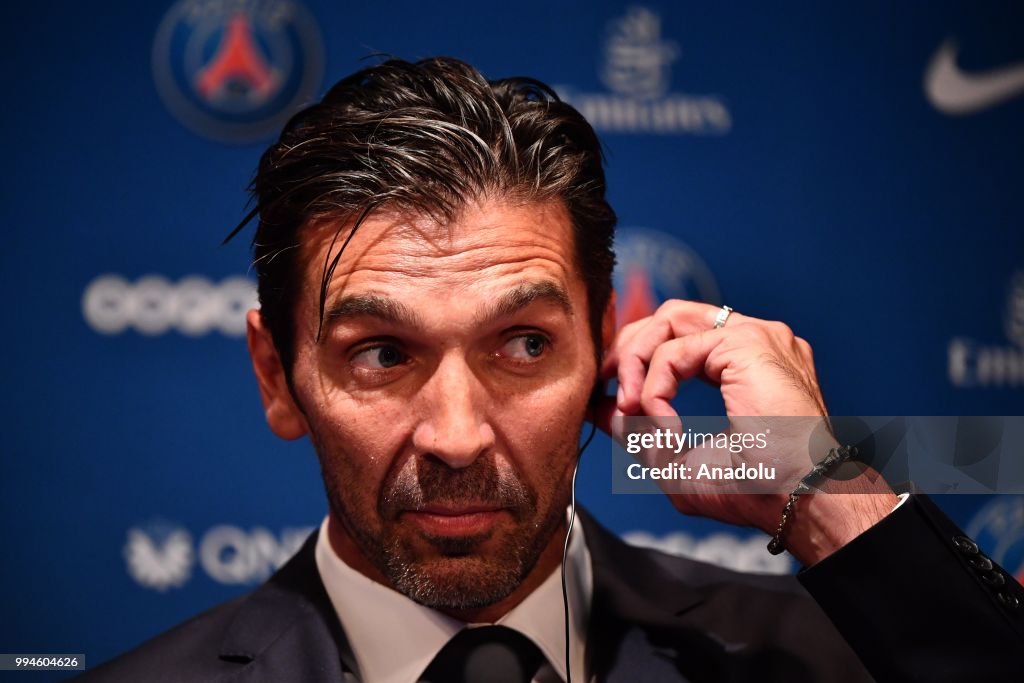 Paris Saint Germain s New Goalkeeper Gianluigi Buffon Speaks During paris-saint-germain-s-new-goalkeeper-gianluigi-buffon-speaks-during