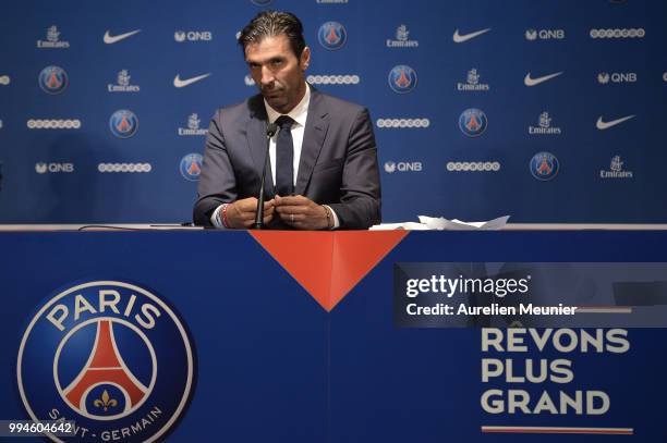 Gianluigi Buffon addresses the press during a press conference after signing with the Paris Saint-Germain Football Club at Parc des Princes on July...