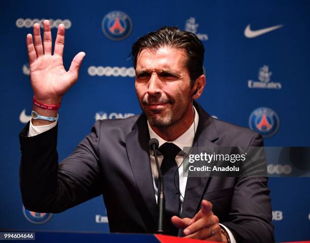 Paris Saint Germain's new goalkeeper Gianluigi Buffon speaks during his official presentation press conference at Parc des Princes stadium in Paris,...