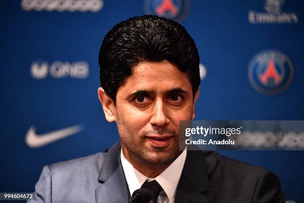 Paris Saint Germain's president Nasser Al-Khelaifi attends during official presentation press conference of Gianluigi Buffon at Parc des Princes...