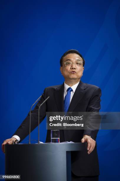 Li Keqiang, China's premier, speaks during a news conference at the Chancellery building in Berlin, Germany, on Monday, July 9, 2018. German...