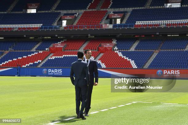 Gianluigi Buffon and Paris Saint-Germain President Nasser Al Khelaifi arrive for a press presentation after signing with the Paris Saint-Germain...