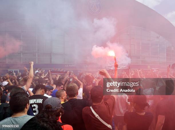 Paris Saint Germain's fans celebrate for new goalkeeper Gianluigi Buffon front of Parc des Princes stadium in Paris, France on July 09, 2018.