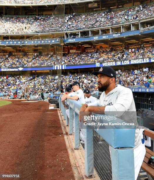 Matt Kemp of the Los Angeles Dodgers looks on to the field during the game against the Pittsburgh Pirates at Dodger Stadium on July 4, 2018 in Los...