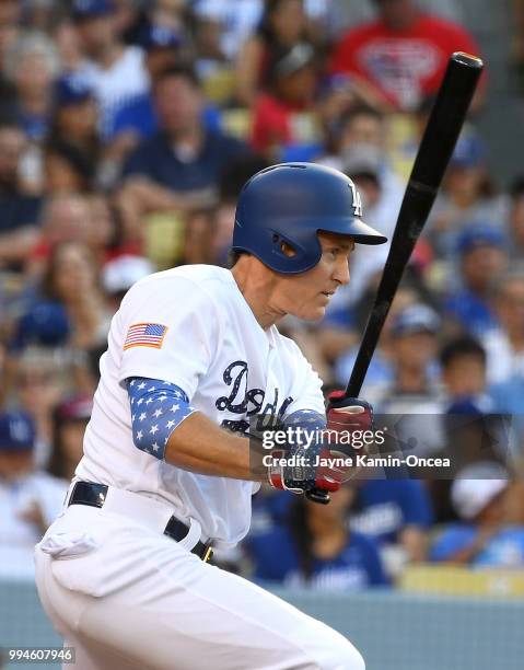 Chase Utley of the Los Angeles Dodgers at bat in the game against the Pittsburgh Pirates at Dodger Stadium on July 4, 2018 in Los Angeles, California.