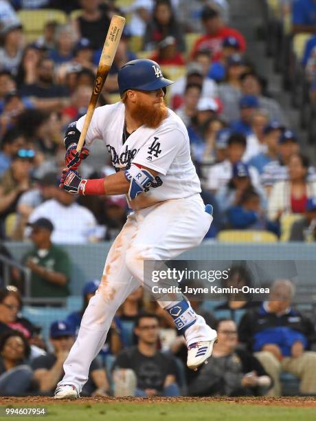 Justin Turner of the Los Angeles Dodgers at bat in the game against the Pittsburgh Pirates at Dodger Stadium on July 4, 2018 in Los Angeles,...