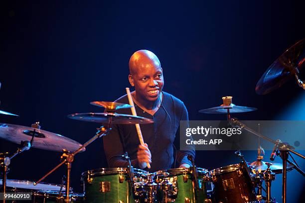 Mark Mondesir drummer of US jazz guitarist John Mc Laughlin performs during the 29th edition of "Sous les pommiers" jazz festival in Coutances...