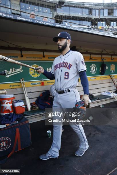 Marwin Gonzalez of the Houston Astros stands in the dugout prior to the game against the Oakland Athletics at the Oakland Alameda Coliseum on June...