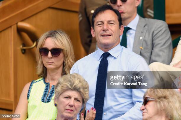 Jason Isaacs and Emma Hewitt attend day seven of the Wimbledon Tennis Championships at the All England Lawn Tennis and Croquet Club on July 9, 2018...