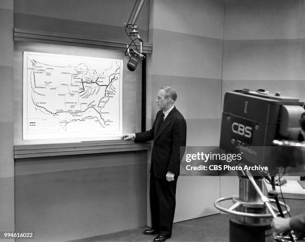 President Frank Stanton is photographed in the CBS television studio in New York City. Image dated: May 23, 1948 New York, NY.