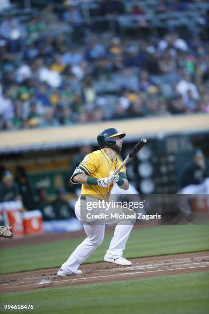 Dustin Fowler of the Oakland Athletics bats during the game against the Houston Astros at the Oakland Alameda Coliseum on June 12, 2018 in Oakland,...