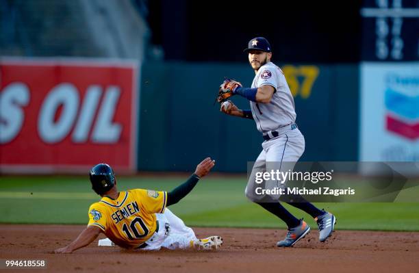 Carlos Correa of the Houston Astros turns two during the game against the Oakland Athletics at the Oakland Alameda Coliseum on June 12, 2018 in...