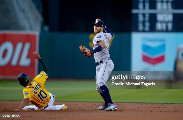 Carlos Correa of the Houston Astros turns two during the game against the Oakland Athletics at the Oakland Alameda Coliseum on June 12, 2018 in...