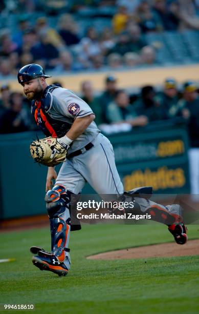 Brian McCann of the Houston Astros fields during the game against the Oakland Athletics at the Oakland Alameda Coliseum on June 12, 2018 in Oakland,...