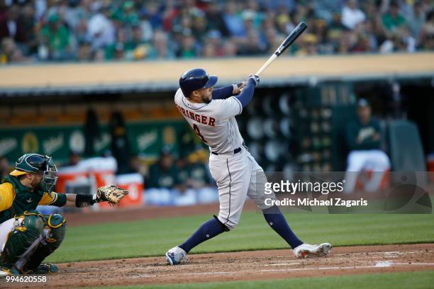 George Springer of the Houston Astros bats during the game against the Oakland Athletics at the Oakland Alameda Coliseum on June 12, 2018 in Oakland,...