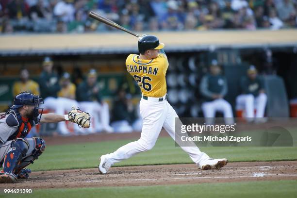 Matt Chapman of the Oakland Athletics bats during the game against the Houston Astros at the Oakland Alameda Coliseum on June 12, 2018 in Oakland,...