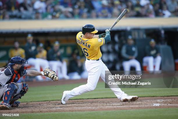 Matt Chapman of the Oakland Athletics bats during the game against the Houston Astros at the Oakland Alameda Coliseum on June 12, 2018 in Oakland,...