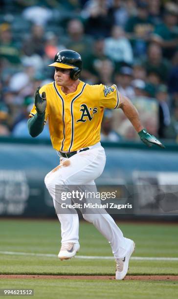 Matt Chapman of the Oakland Athletics runs the bases during the game against the Houston Astros at the Oakland Alameda Coliseum on June 12, 2018 in...