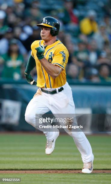 Matt Chapman of the Oakland Athletics runs the bases during the game against the Houston Astros at the Oakland Alameda Coliseum on June 12, 2018 in...