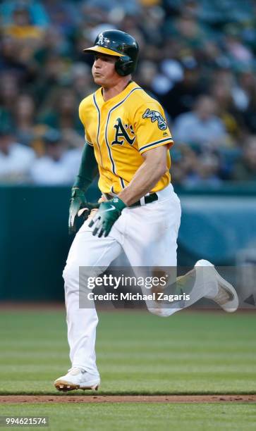 Matt Chapman of the Oakland Athletics runs the bases during the game against the Houston Astros at the Oakland Alameda Coliseum on June 12, 2018 in...