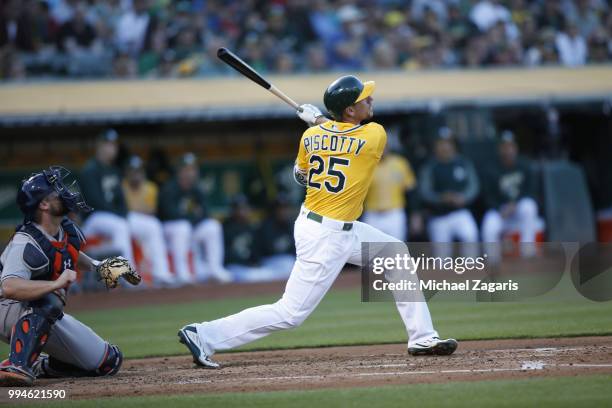 Stephen Piscotty of the Oakland Athletics bats during the game against the Houston Astros at the Oakland Alameda Coliseum on June 12, 2018 in...
