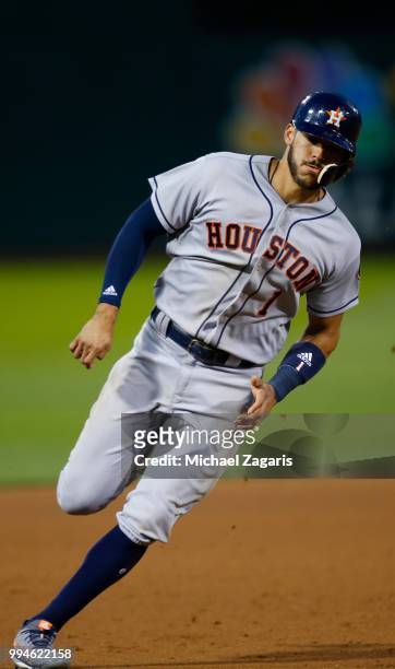 Carlos Correa of the Houston Astros runs the bases during the game against the Oakland Athletics at the Oakland Alameda Coliseum on June 12, 2018 in...