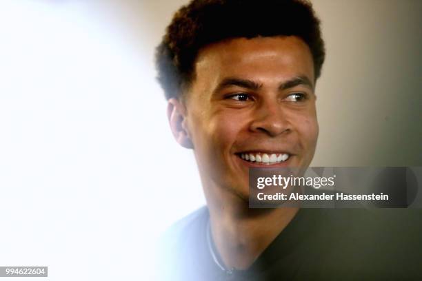 Dele Alli of England speaks to the media during an England press conference at Repino Cronwell Park Hotel on July 9, 2018 in Saint Petersburg, Russia.