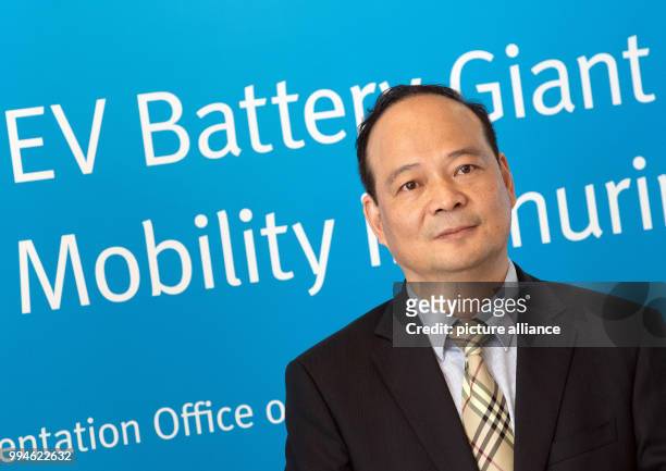 July 2018, Germany, Berlin: the CEO of the Chinese battery producer Contemporary Amperex Technology Ltd. , Robin Zeng, presents the plans for the...