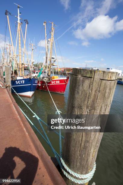 Buesum, harbor place directly at the Nort Sea. Crab fishing boats in Buesum harbor.