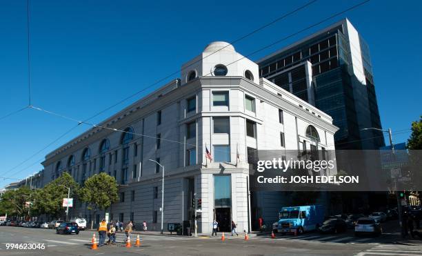 The outside of the Superior Court of California is seen before the start of the Monsanto trial in San Francisco, California on July 9, 2018. - The...