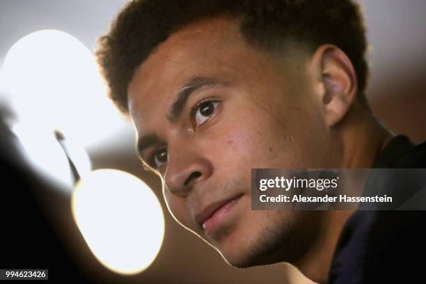 Dele Alli of England speaks to the media during an England press conference at Repino Cronwell Park Hotel on July 9, 2018 in Saint Petersburg, Russia.