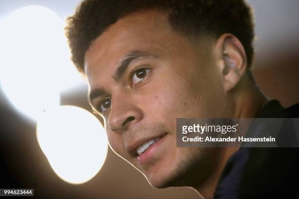 Dele Alli of England speaks to the media during an England press conference at Repino Cronwell Park Hotel on July 9, 2018 in Saint Petersburg, Russia.