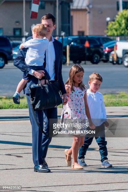 White House advisor Jared Kushner, the son-in-law of US President Donald Trump, arrives at Morristown Municipal Airport with his children in...